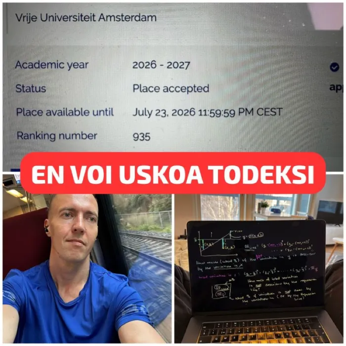 A screenshot of an acceptance letter from Vrije Universiteit Amsterdam, a selfie on a train, and a laptop covered in handwritten statistics notes.